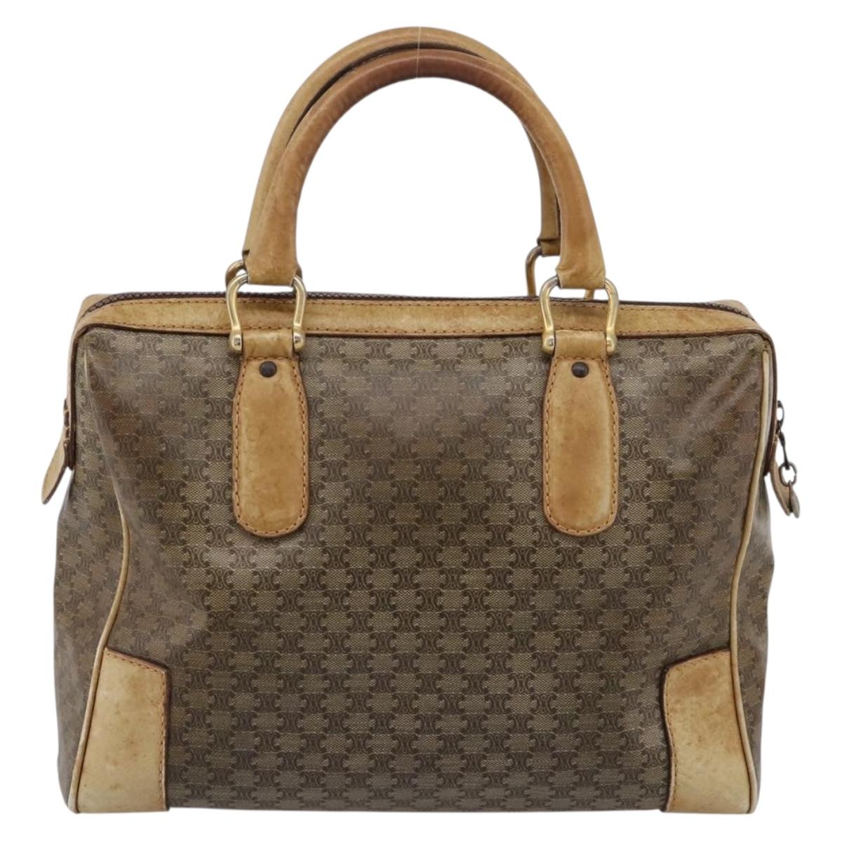 CELINE Macadam Hand Bag PVC Leather Beige Gold Tone Auth 200348