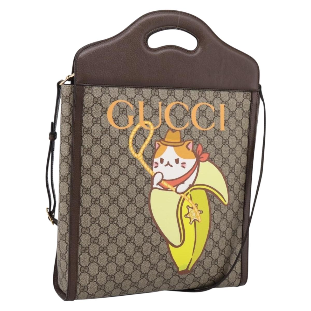 GUCCI GG Supreme Bananya Hand Bag PVC 2way Beige Gold Tone 703793 Auth 200361M