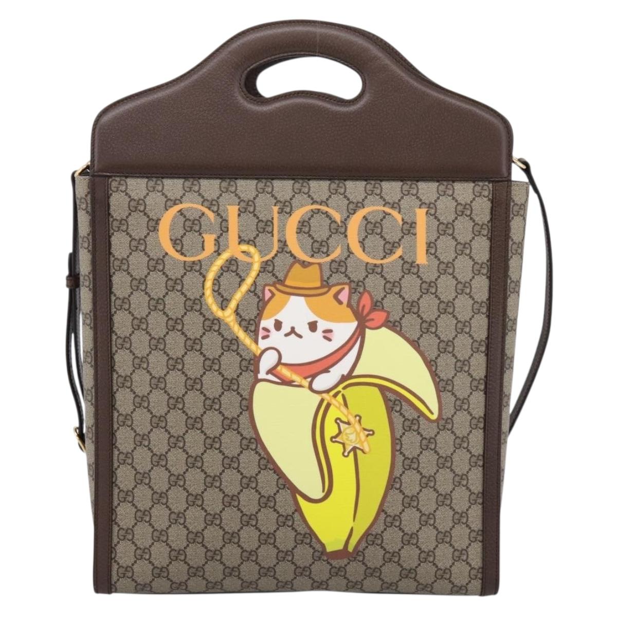 GUCCI GG Supreme Bananya Hand Bag PVC 2way Beige Gold Tone 703793 Auth 200361M