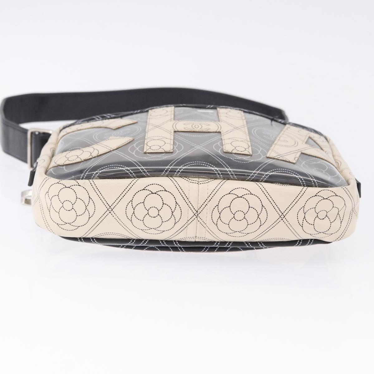 CHANEL Camelia Shoulder Bag Leather White Black CC Auth 200364SAM