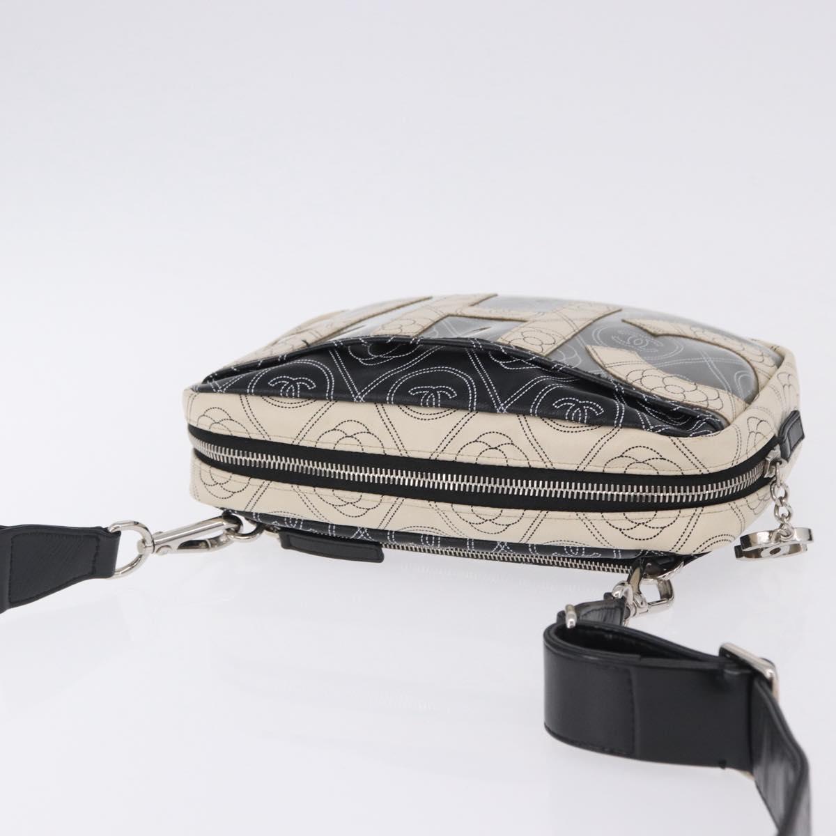 CHANEL Camelia Shoulder Bag Leather White Black CC Auth 200364SAM