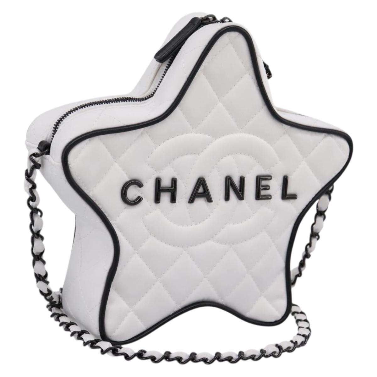 CHANEL Star Shaped Matelasse Chain Shoulder Bag Satin White Black Auth 200368SM