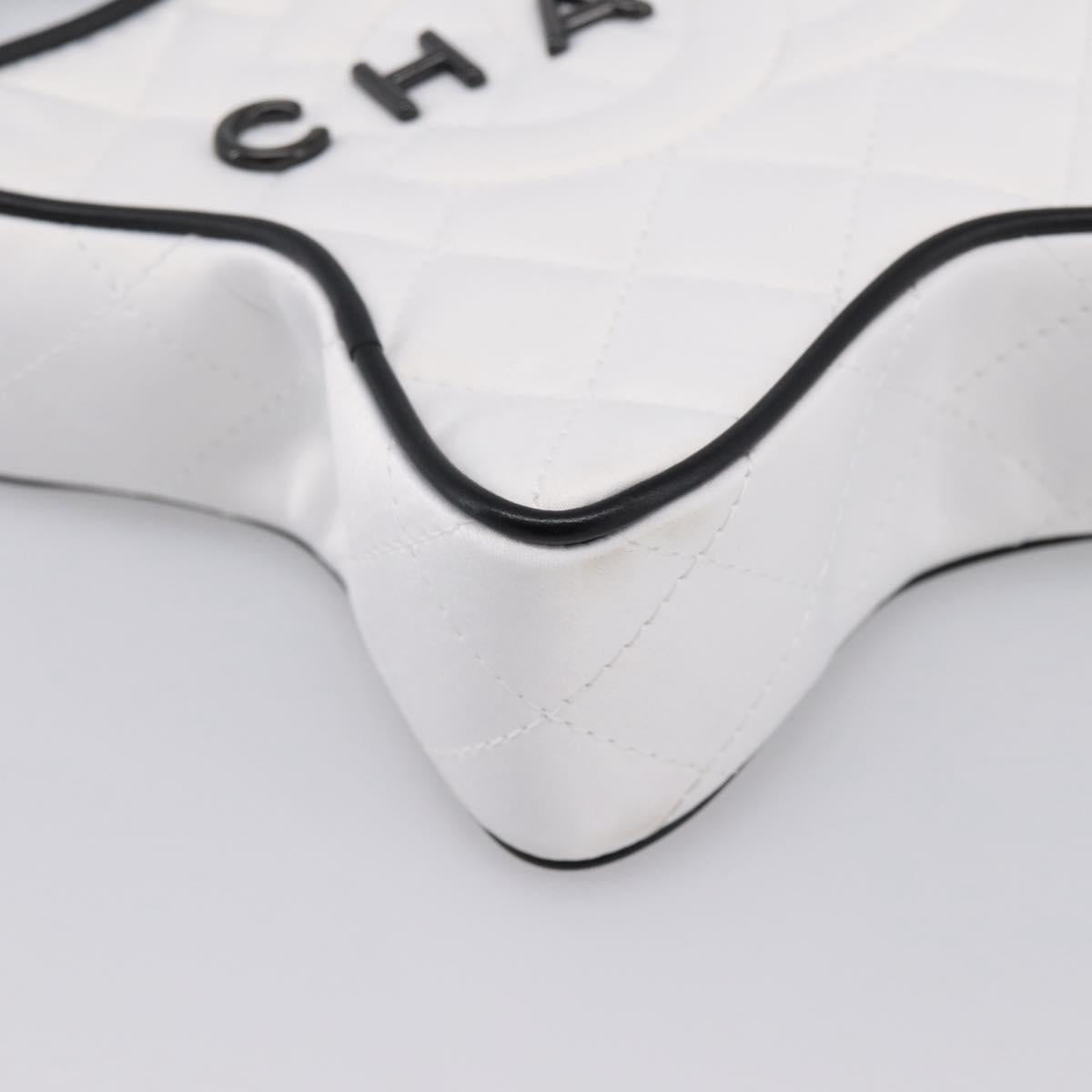 CHANEL Star Shaped Matelasse Chain Shoulder Bag Satin White Black Auth 200368SM