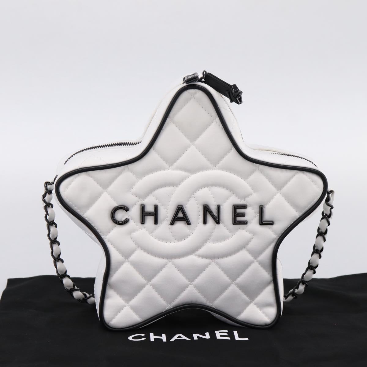 CHANEL Star Shaped Matelasse Chain Shoulder Bag Satin White Black Auth 200368SM