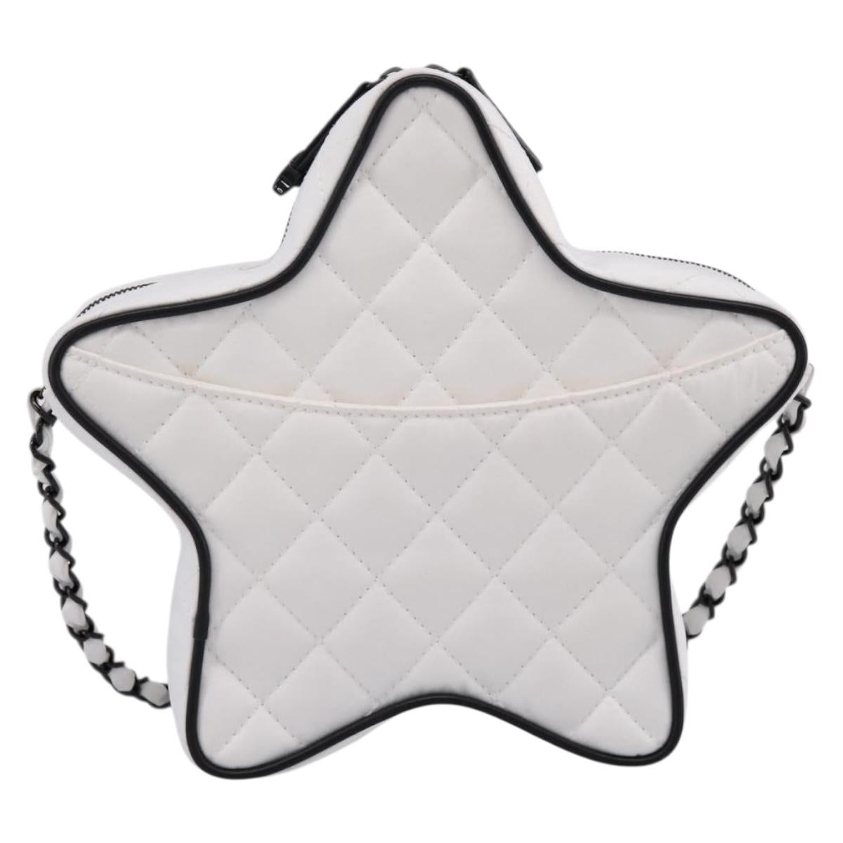 CHANEL Star Shaped Matelasse Chain Shoulder Bag Satin White Black Auth 200368SM