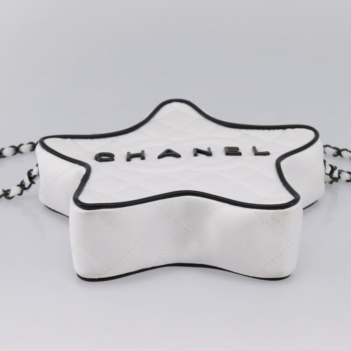 CHANEL Star Shaped Matelasse Chain Shoulder Bag Satin White Black Auth 200368SM