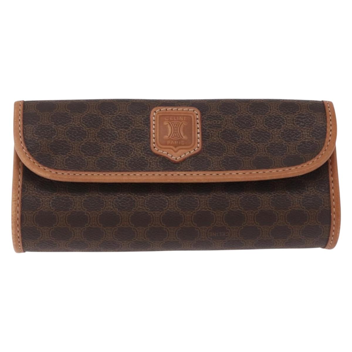 CELINE Macadam Canvas Pouch PVC Leather Brown Gold Auth 200399V