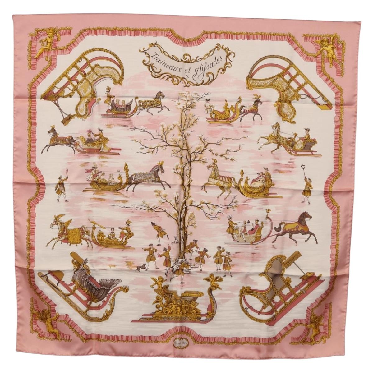 HERMES Carre 90 Scarf Silk ""Traineaux et Glissades"" Pink White Auth 200402M
