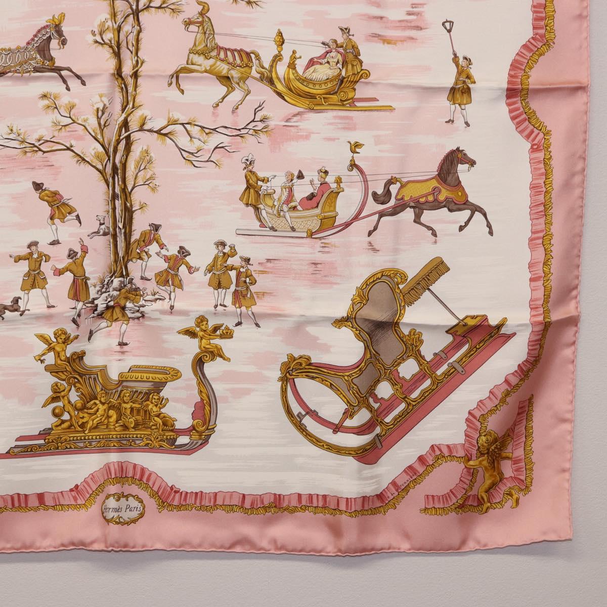 HERMES Carre 90 Scarf Silk ""Traineaux et Glissades"" Pink White Auth 200402M