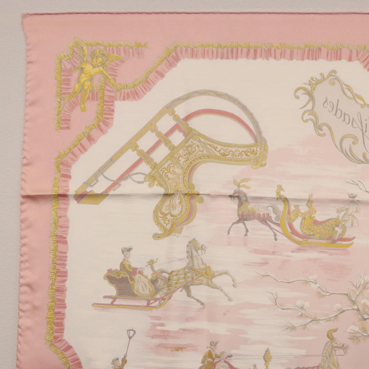 HERMES Carre 90 Scarf Silk ""Traineaux et Glissades"" Pink White Auth 200402M