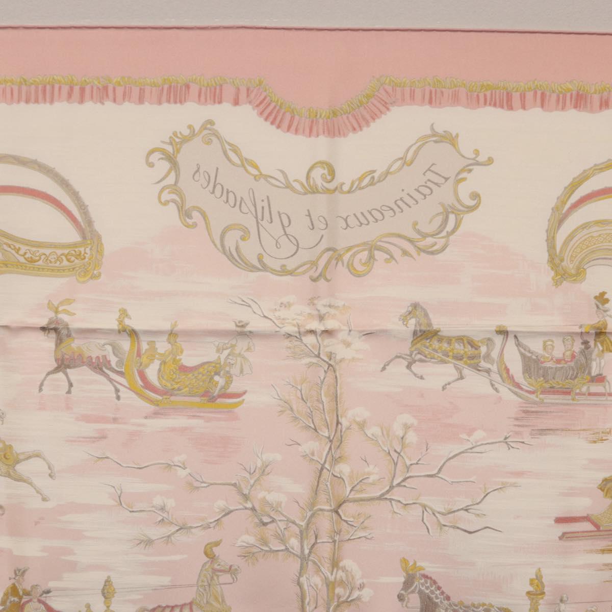 HERMES Carre 90 Scarf Silk ""Traineaux et Glissades"" Pink White Auth 200402M