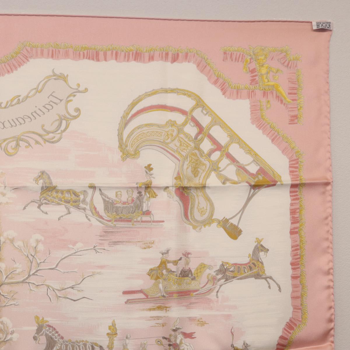 HERMES Carre 90 Scarf Silk ""Traineaux et Glissades"" Pink White Auth 200402M