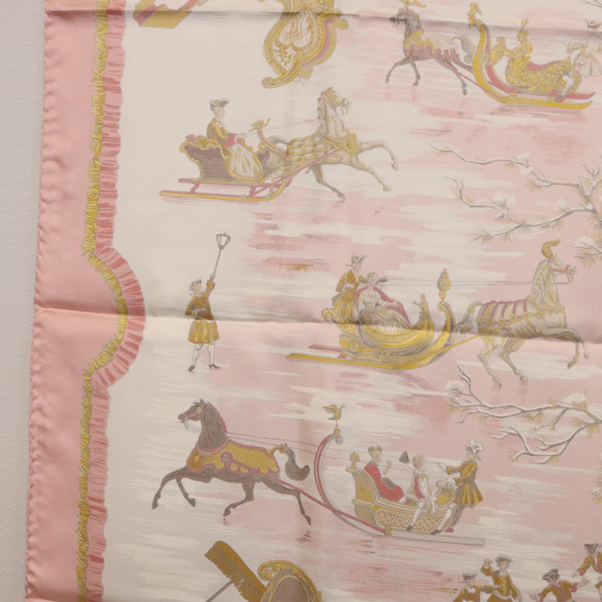 HERMES Carre 90 Scarf Silk ""Traineaux et Glissades"" Pink White Auth 200402M
