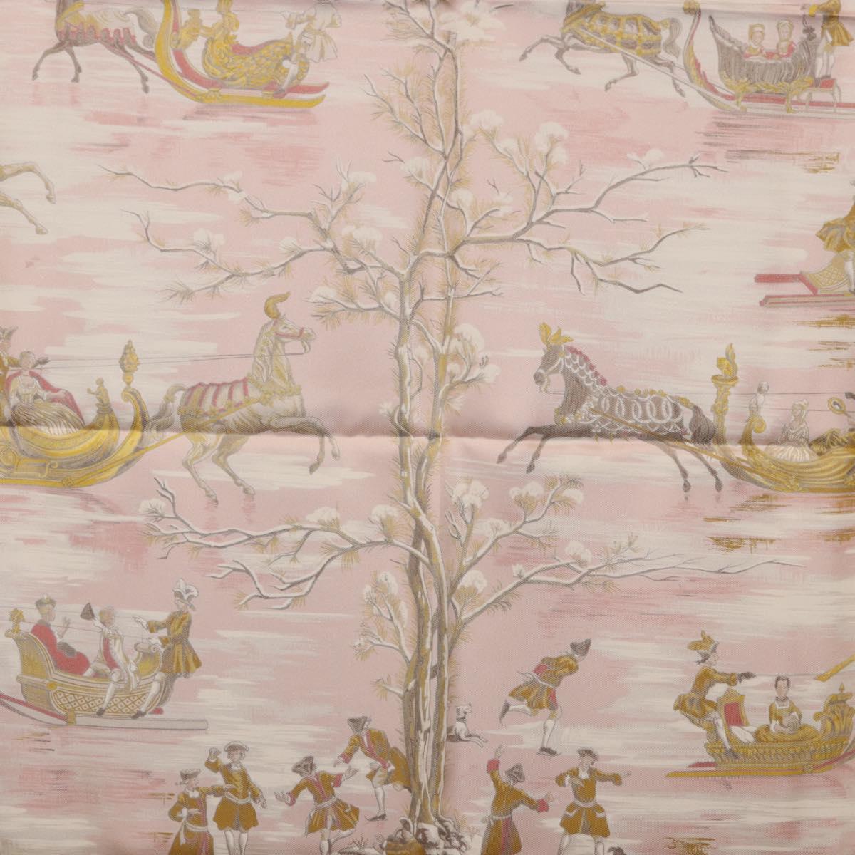 HERMES Carre 90 Scarf Silk ""Traineaux et Glissades"" Pink White Auth 200402M