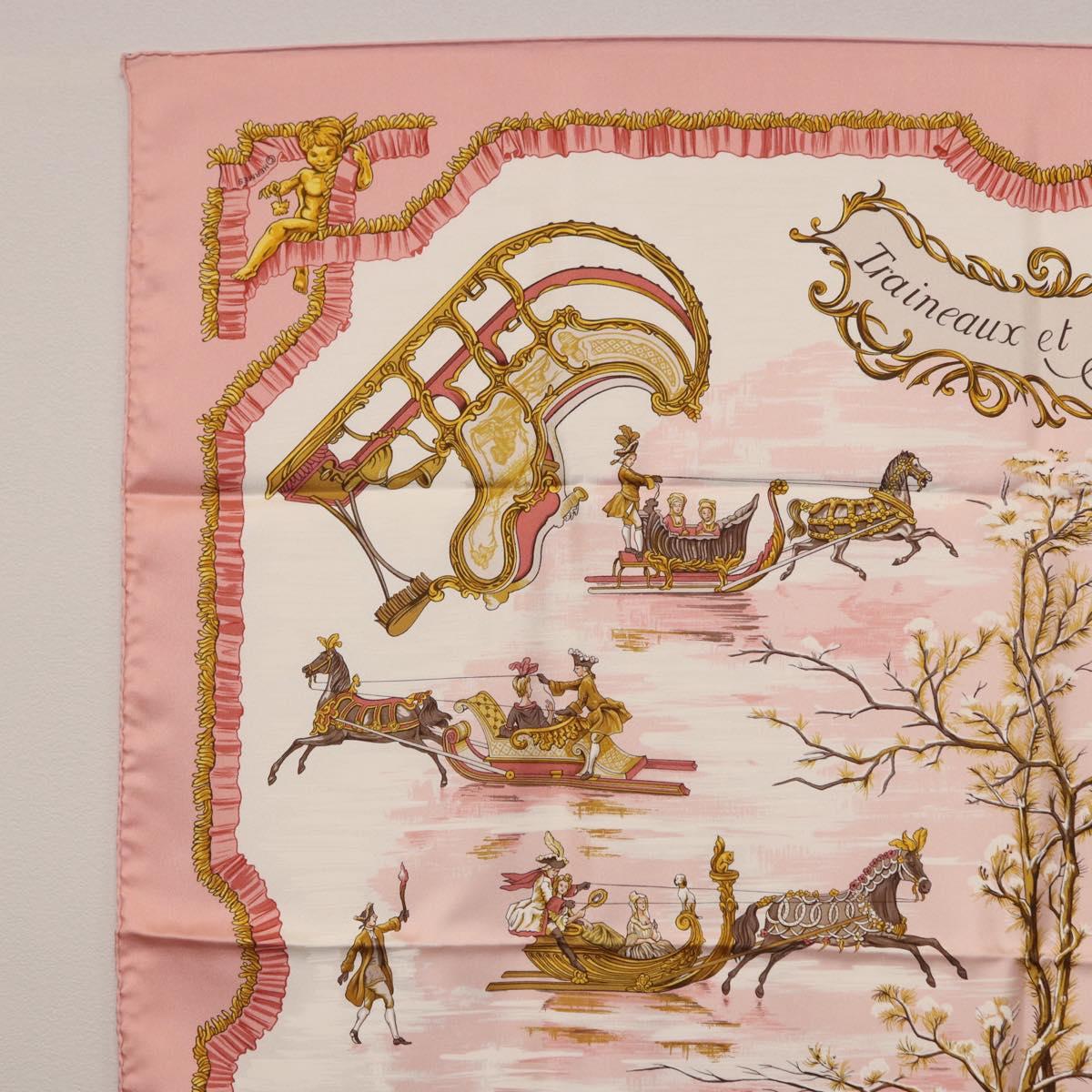 HERMES Carre 90 Scarf Silk ""Traineaux et Glissades"" Pink White Auth 200402M