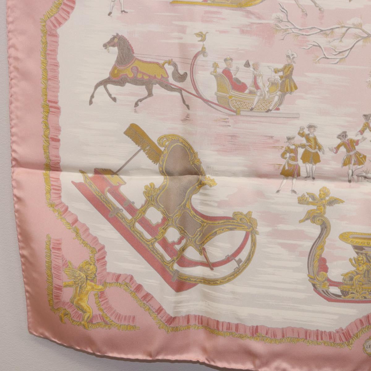 HERMES Carre 90 Scarf Silk ""Traineaux et Glissades"" Pink White Auth 200402M