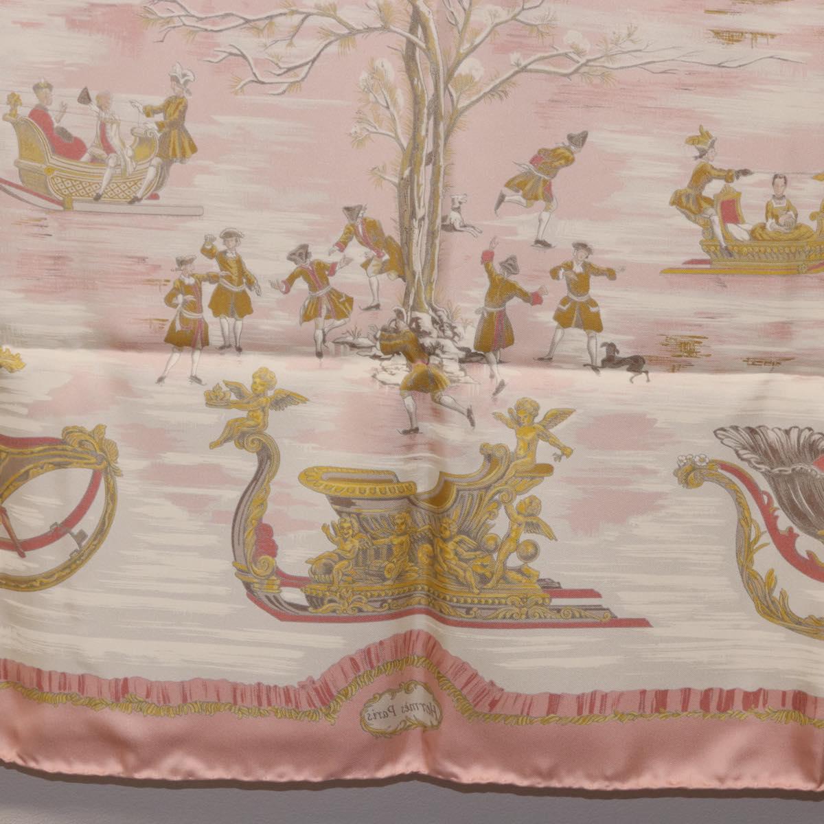 HERMES Carre 90 Scarf Silk ""Traineaux et Glissades"" Pink White Auth 200402M