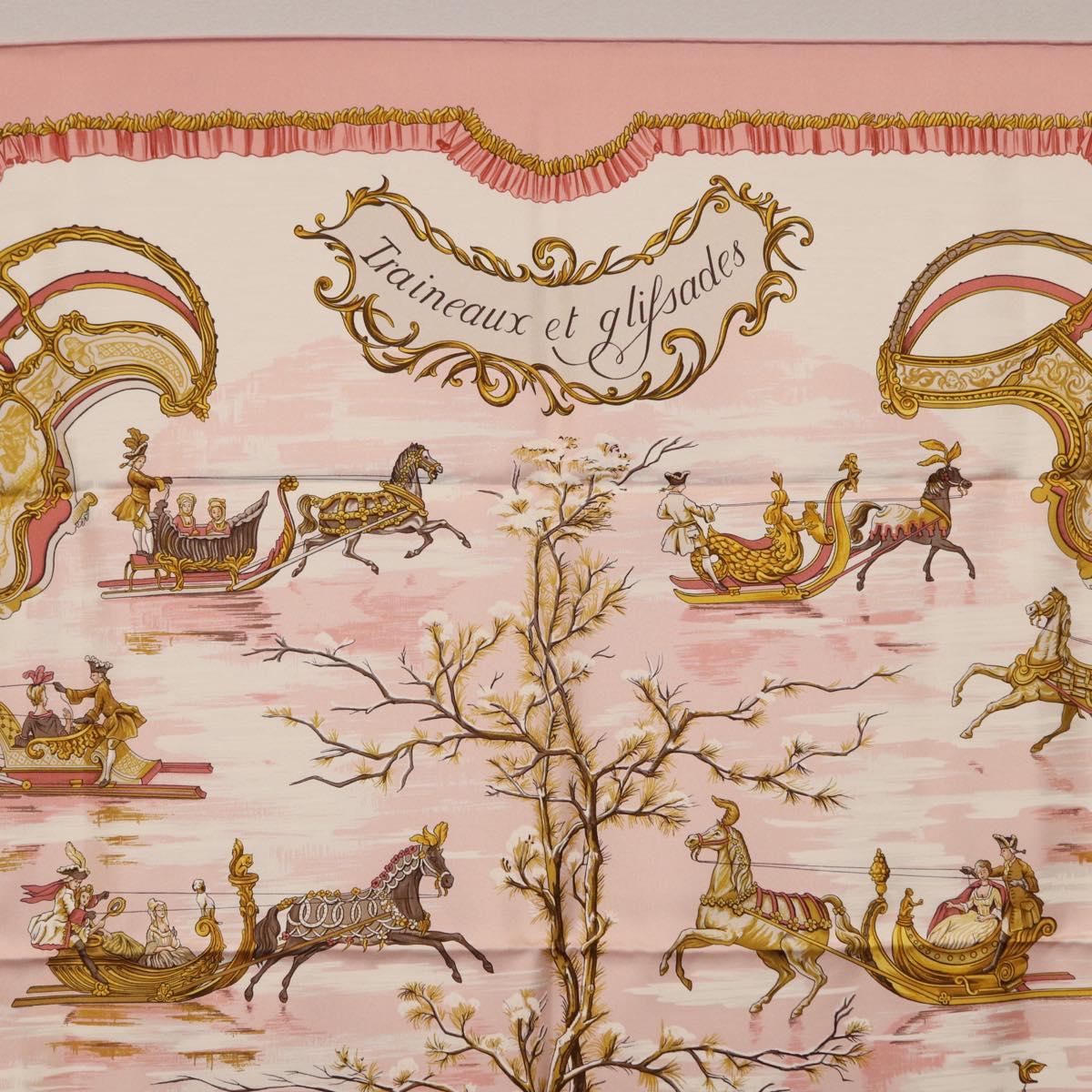 HERMES Carre 90 Scarf Silk ""Traineaux et Glissades"" Pink White Auth 200402M