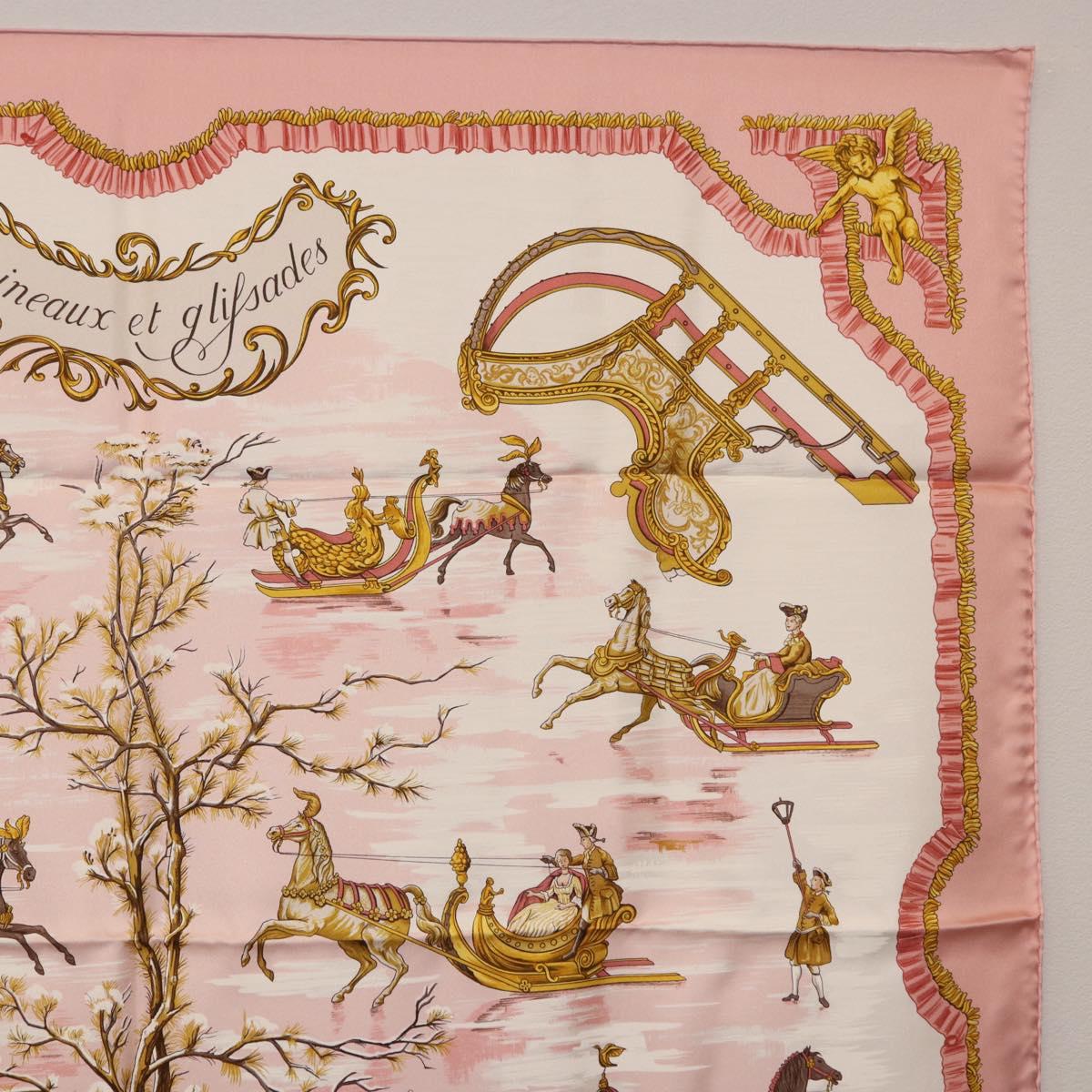 HERMES Carre 90 Scarf Silk ""Traineaux et Glissades"" Pink White Auth 200402M