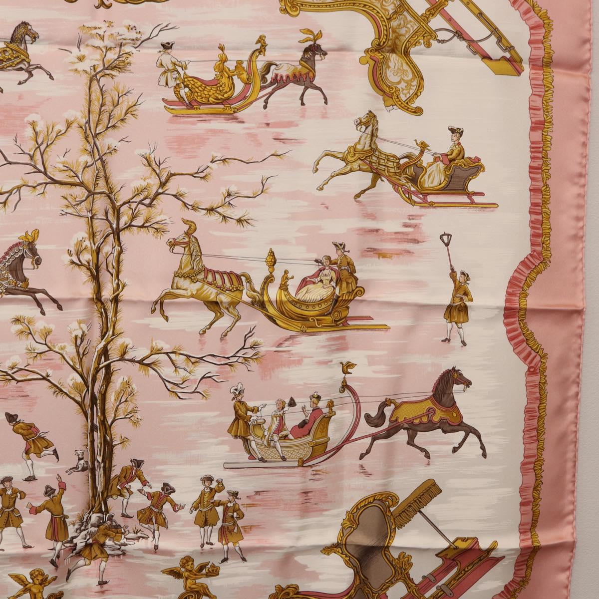 HERMES Carre 90 Scarf Silk ""Traineaux et Glissades"" Pink White Auth 200402M