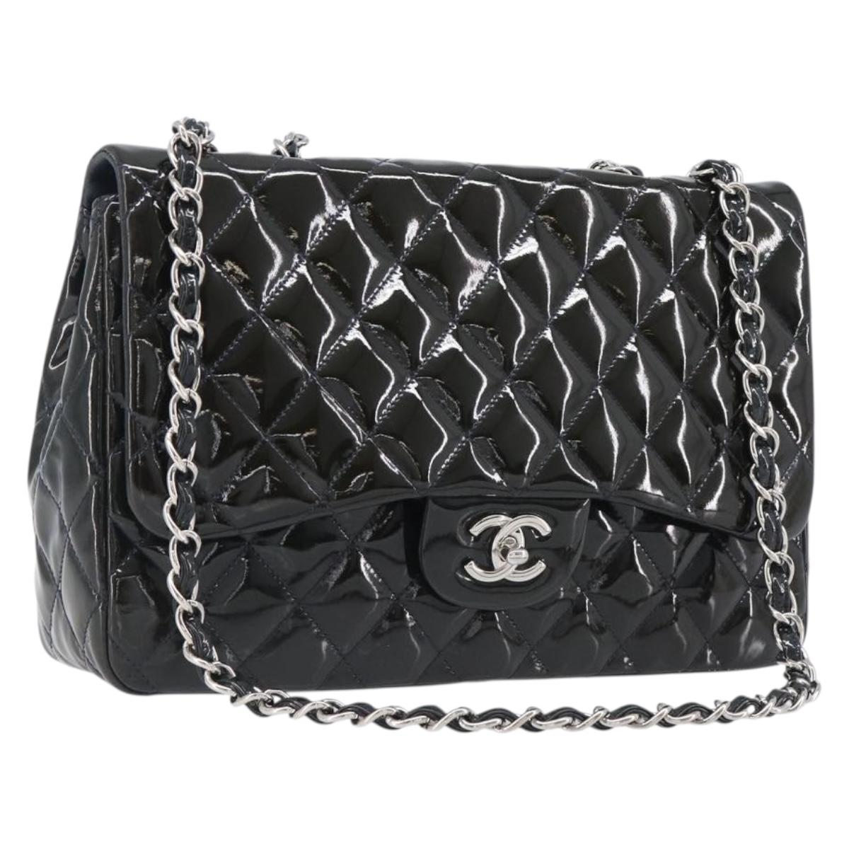 CHANEL Chain Matelasse 30 Bag Patent leather Green Silver CC Auth 200422V