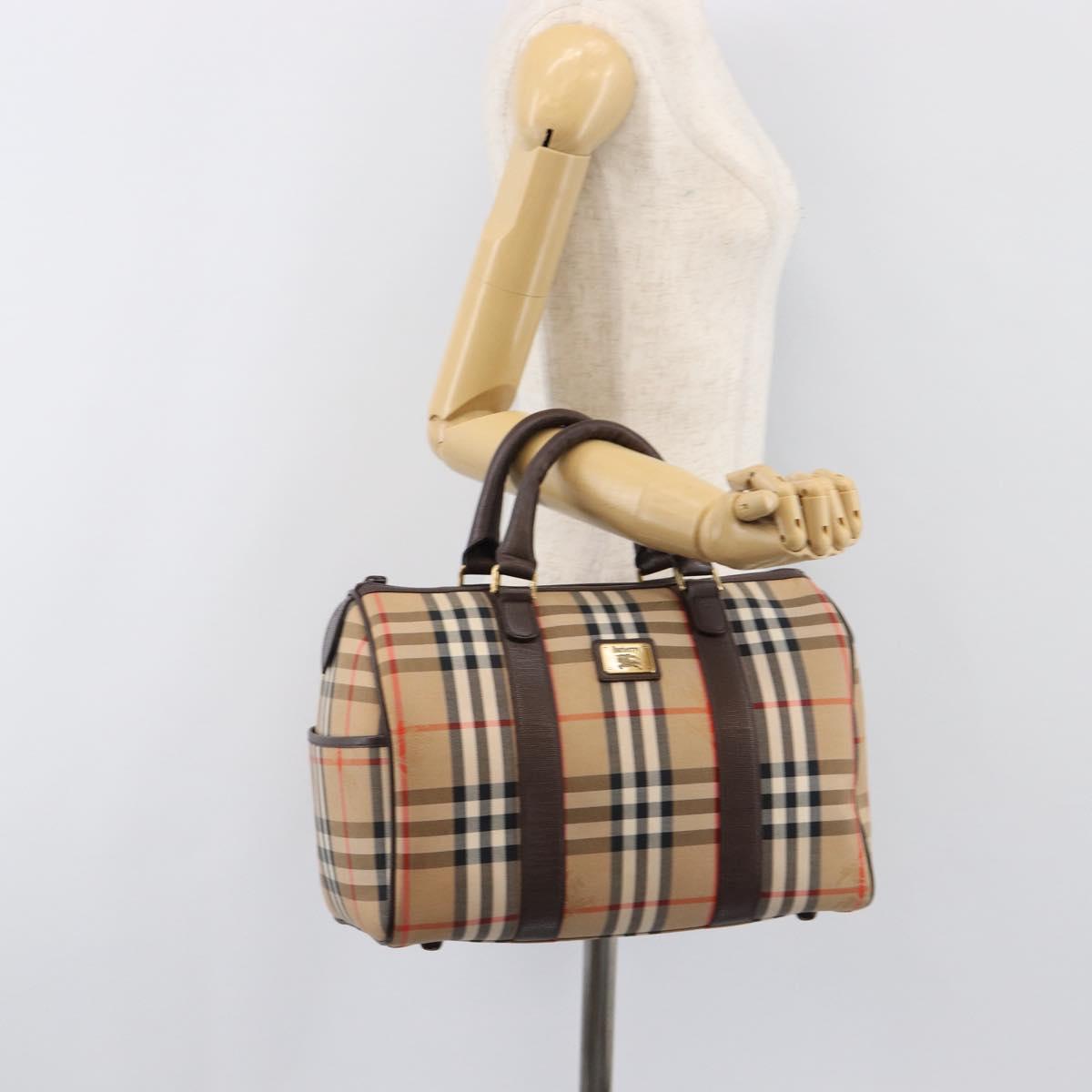 Burberrys Nova Check Boston Bag Canvas Beige Gold Auth 200426V