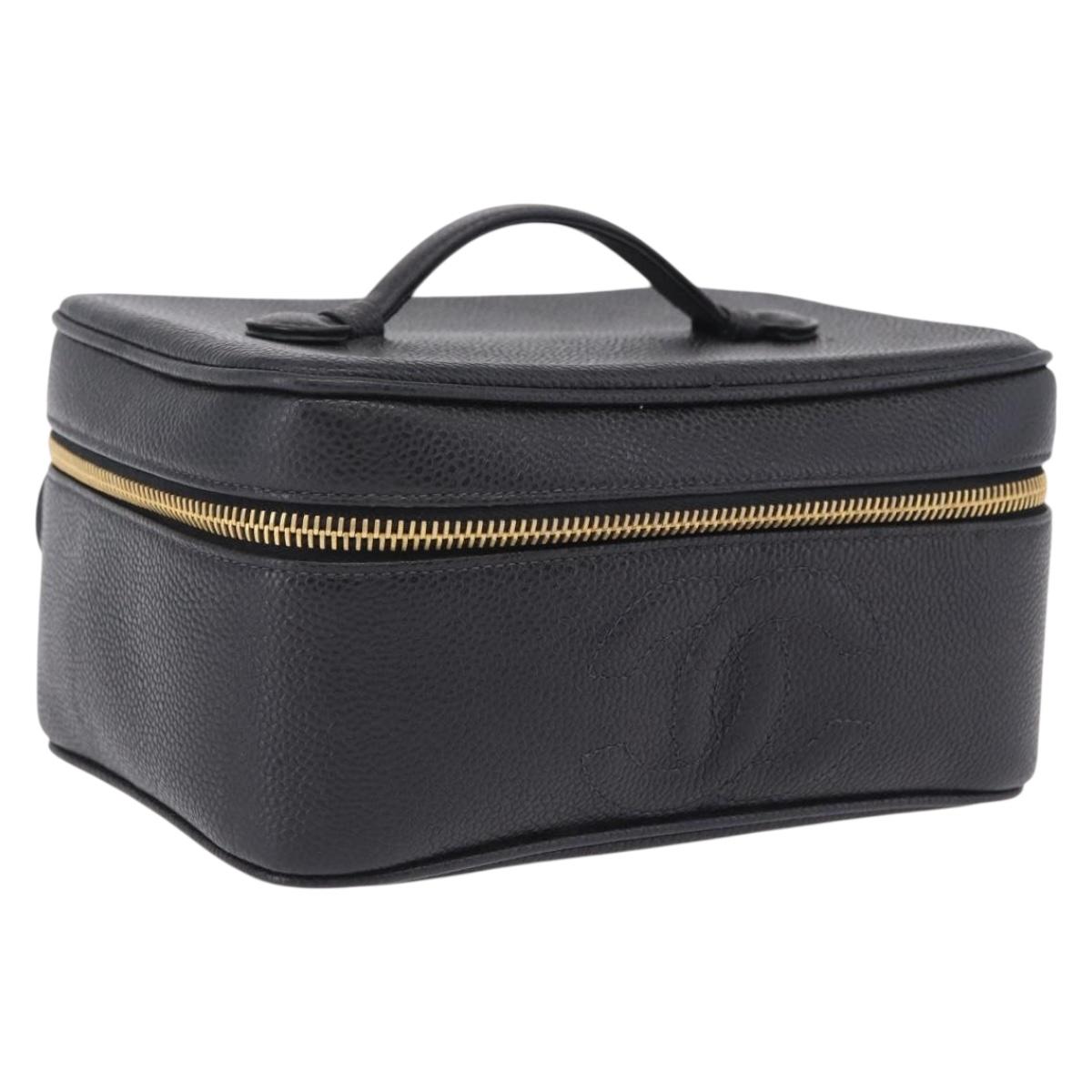 CHANEL COCO Mark Vanity Hand Bag Caviar Skin Black Gold CC Auth 200427