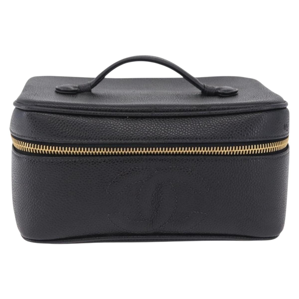 CHANEL COCO Mark Vanity Hand Bag Caviar Skin Black Gold CC Auth 200427