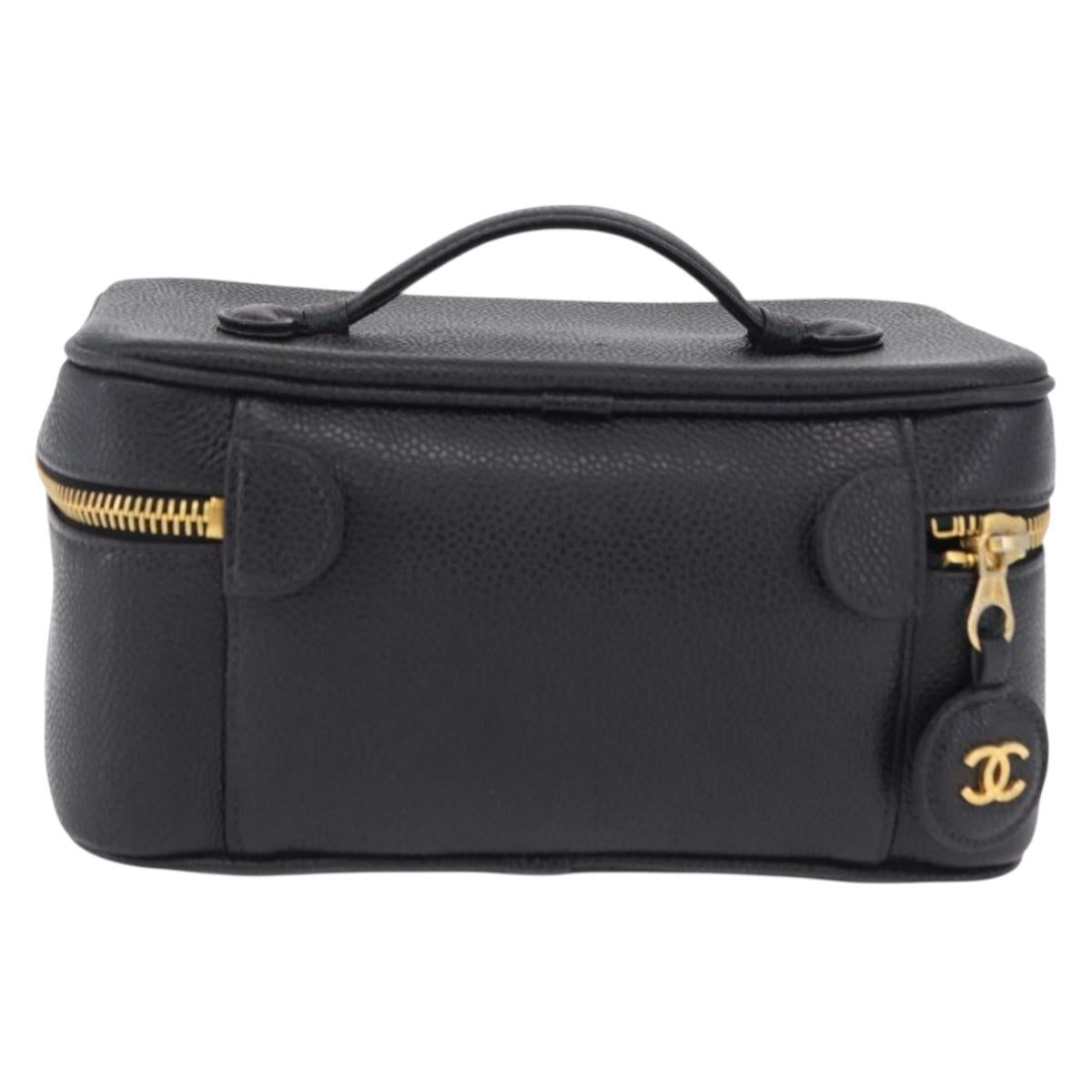 CHANEL COCO Mark Vanity Hand Bag Caviar Skin Black Gold CC Auth 200427