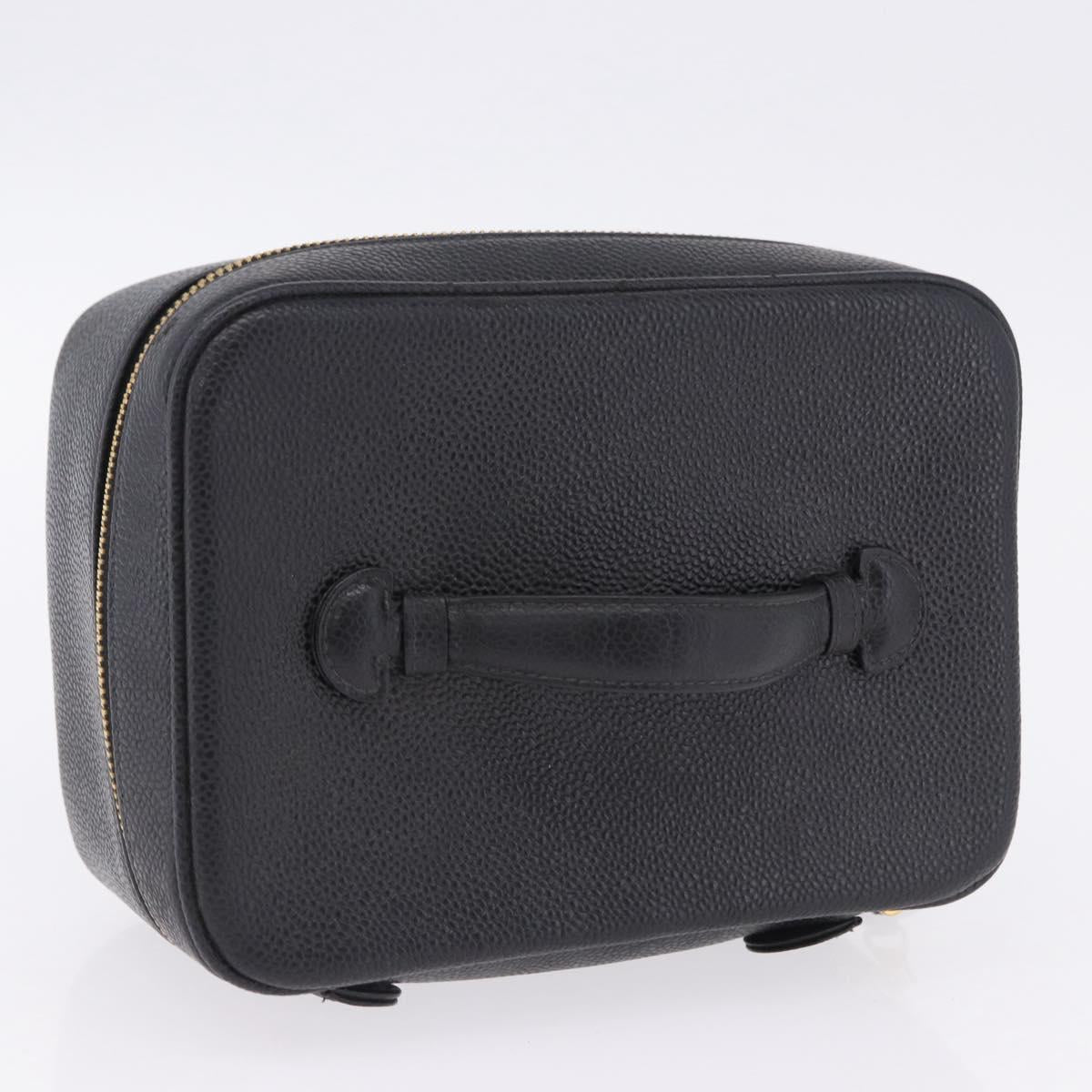 CHANEL COCO Mark Vanity Hand Bag Caviar Skin Black Gold CC Auth 200427