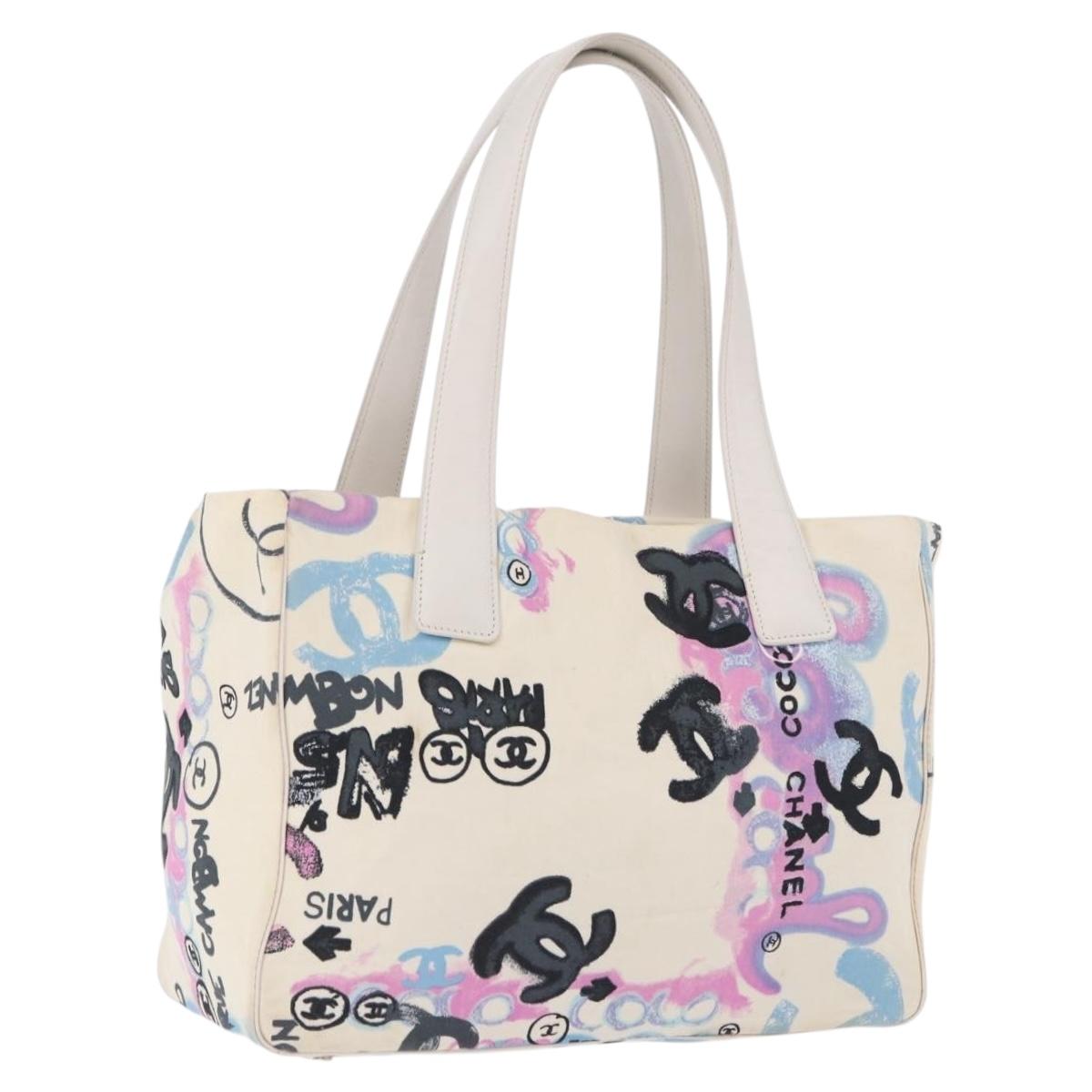 CHANEL New Travel Line Tote Bag Canvas Hawaii Limited White Silver Auth 200431A