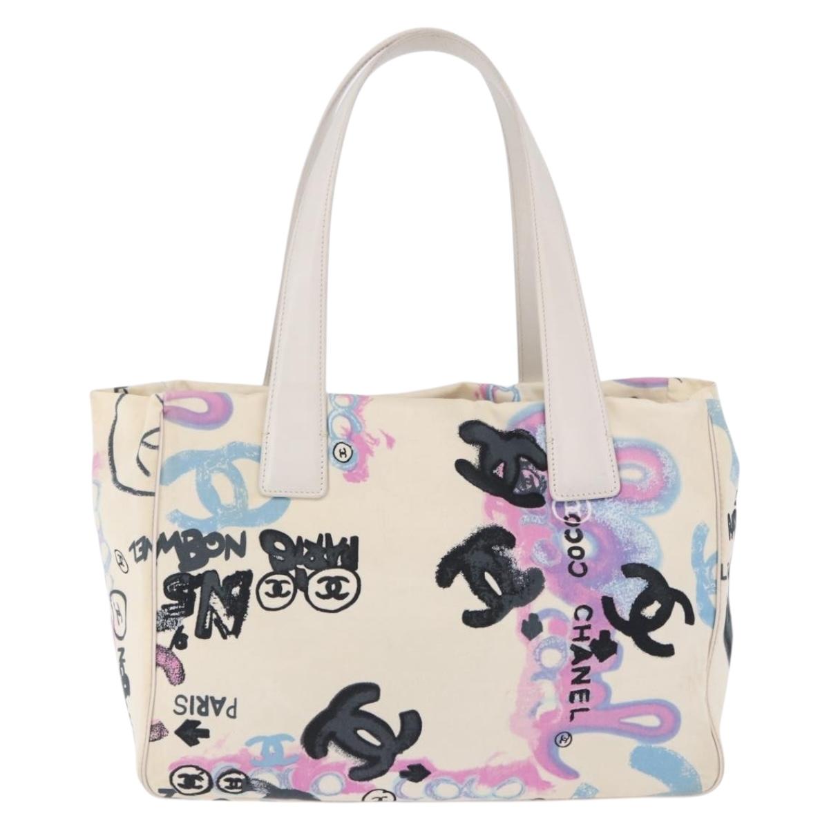 CHANEL New Travel Line Tote Bag Canvas Hawaii Limited White Silver Auth 200431A