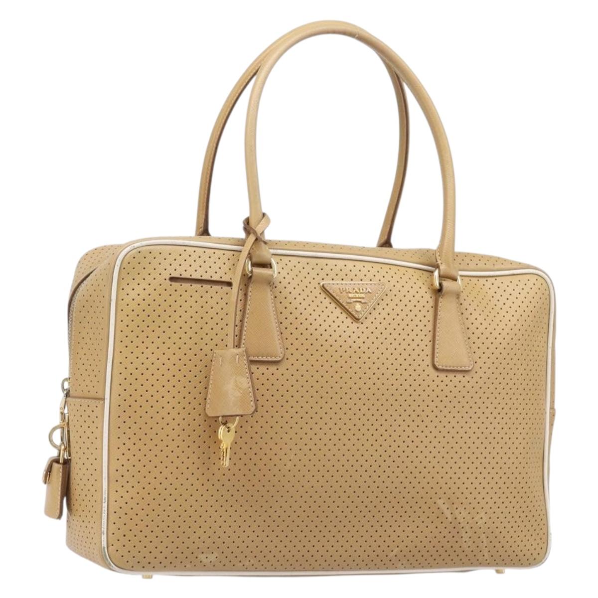 PRADA Punching Hand Bag Saffiano leather Beige Gold Auth 200432