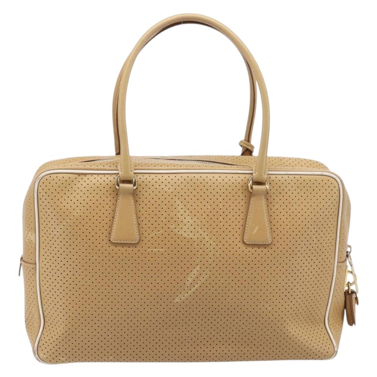 PRADA Punching Hand Bag Saffiano leather Beige Gold Auth 200432