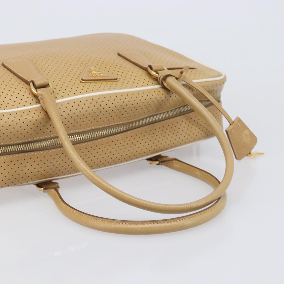 PRADA Punching Hand Bag Saffiano leather Beige Gold Auth 200432