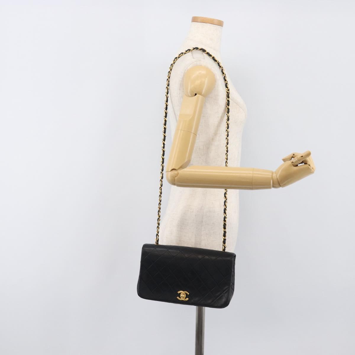 CHANEL Chain Matelasse Shoulder Bag Lamb Skin Black Gold CC Auth 200435V