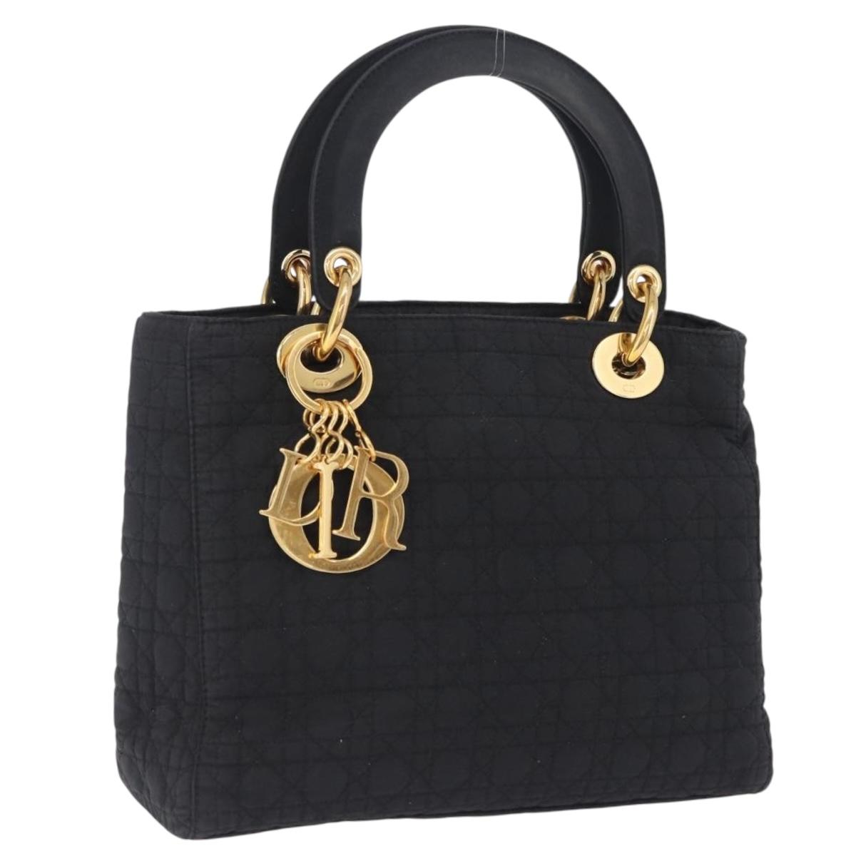 Christian Dior Lady Dior Canage Hand Bag Canvas Black Gold Auth 200447