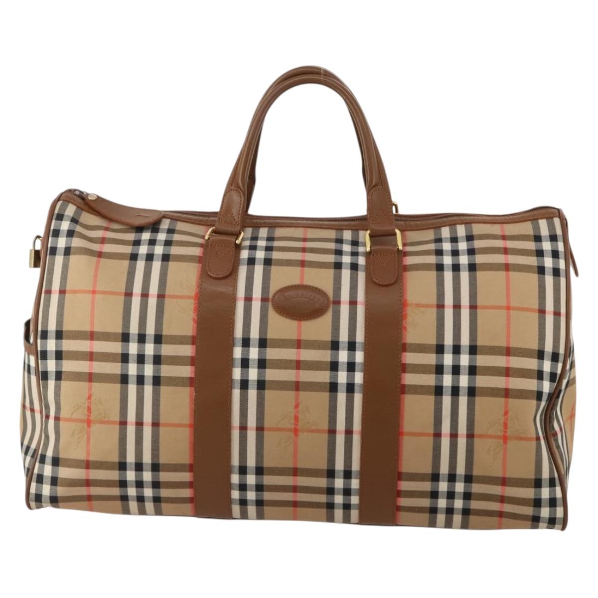 Burberrys Nova Check Boston Bag Canvas Beige Gold Auth 200460V