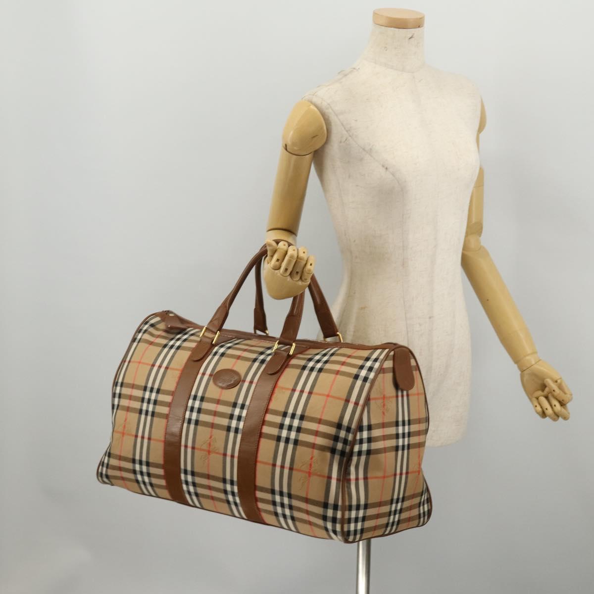 Burberrys Nova Check Boston Bag Canvas Beige Gold Auth 200460V