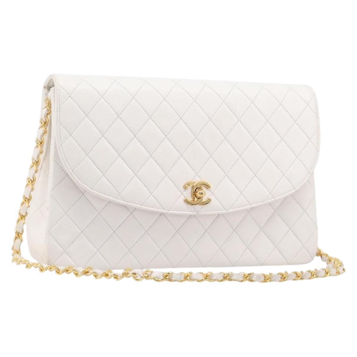 CHANEL Chain Matelasse Shoulder Bag Lamb Skin White Gold CC Auth 200466V