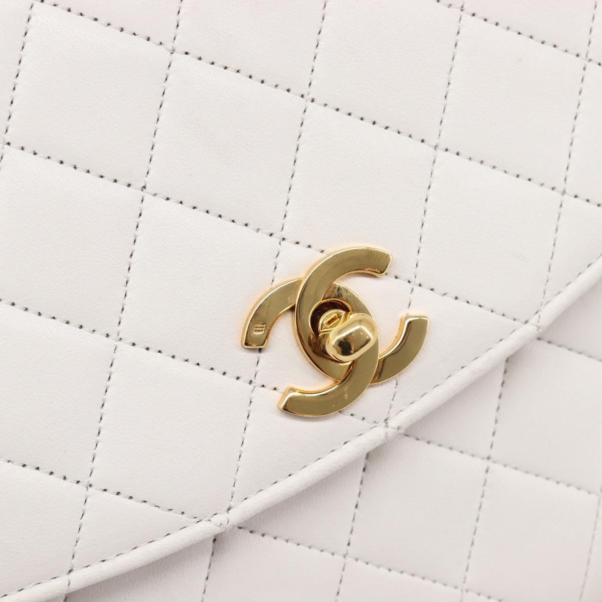 CHANEL Chain Matelasse Shoulder Bag Lamb Skin White Gold CC Auth 200466V