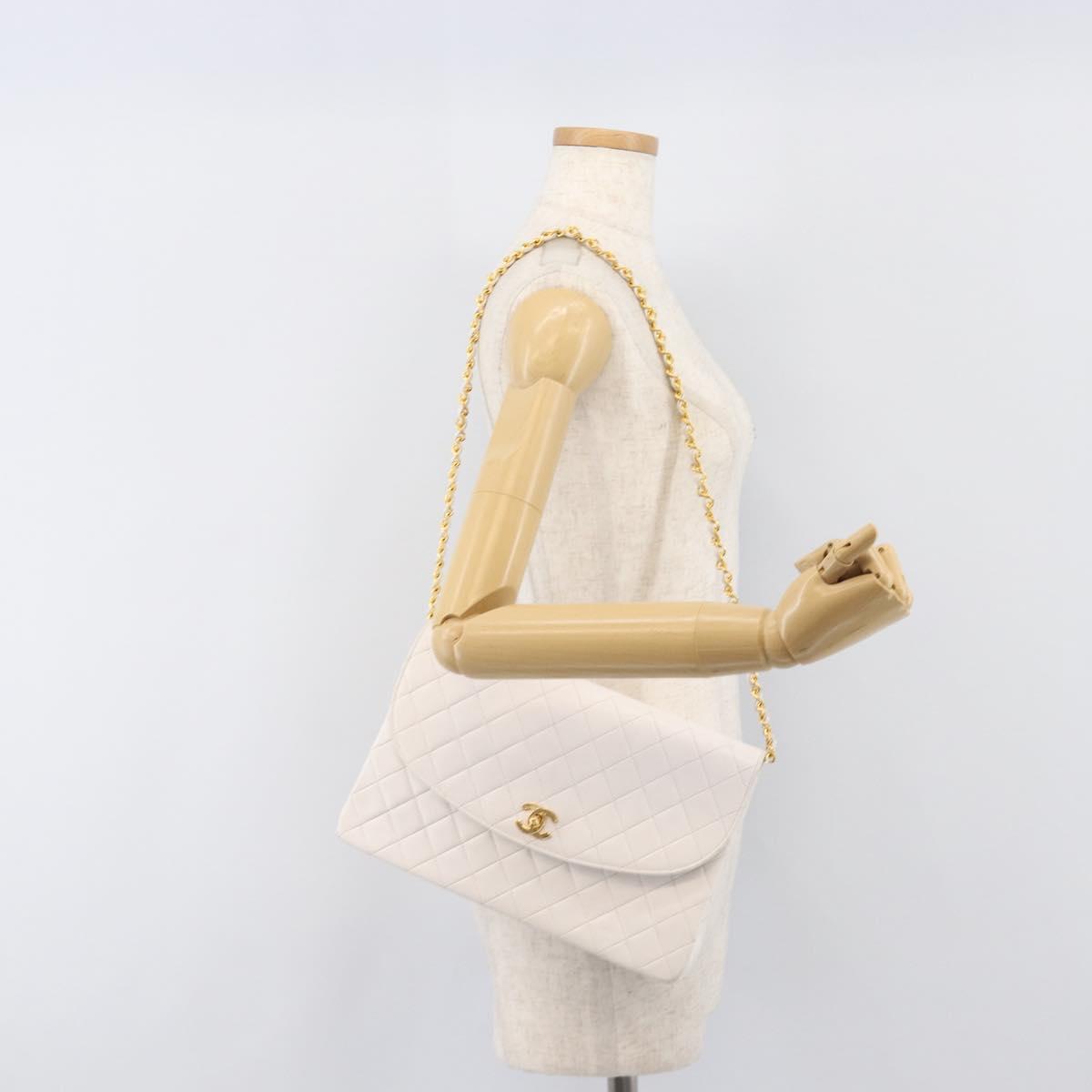 CHANEL Chain Matelasse Shoulder Bag Lamb Skin White Gold CC Auth 200466V