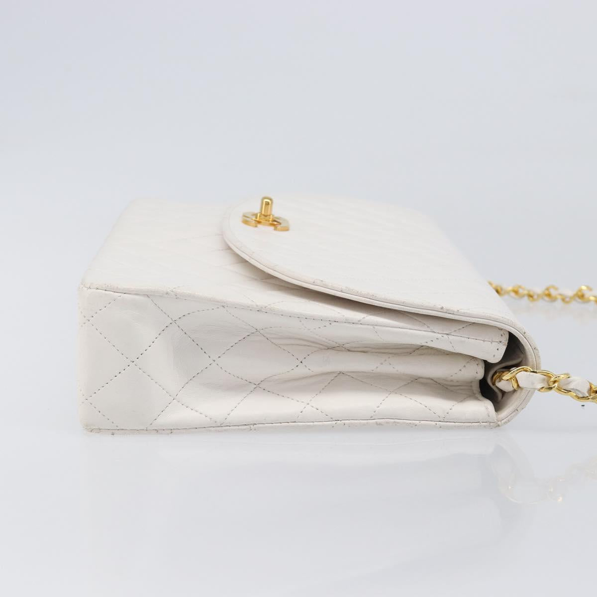 CHANEL Chain Matelasse Shoulder Bag Lamb Skin White Gold CC Auth 200466V