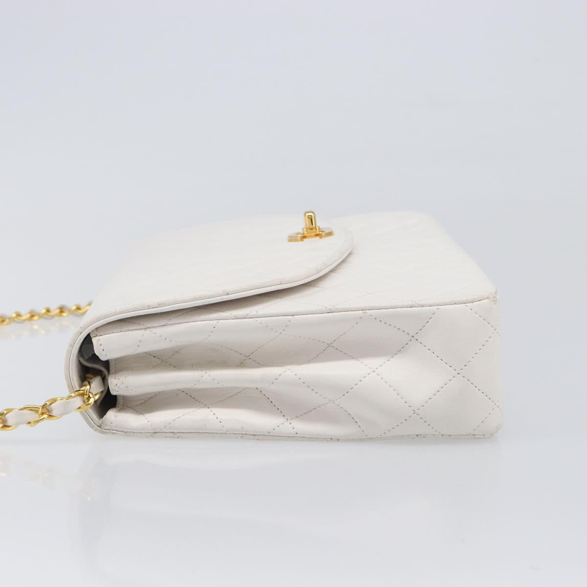 CHANEL Chain Matelasse Shoulder Bag Lamb Skin White Gold CC Auth 200466V