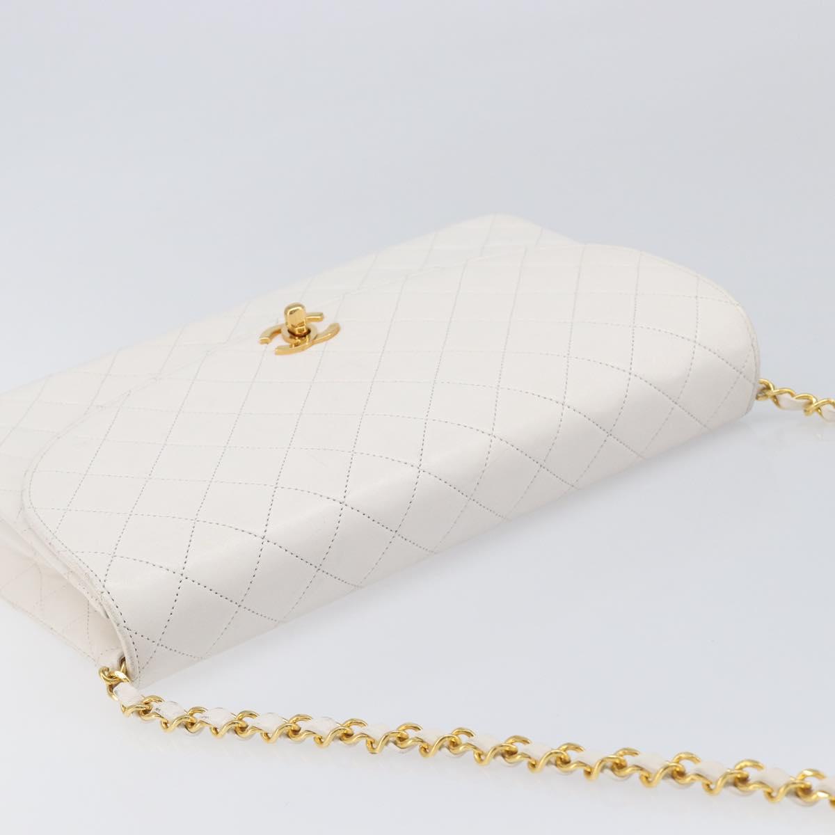 CHANEL Chain Matelasse Shoulder Bag Lamb Skin White Gold CC Auth 200466V