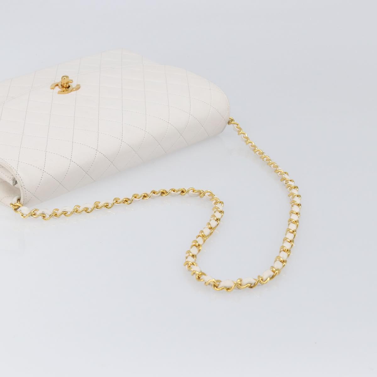 CHANEL Chain Matelasse Shoulder Bag Lamb Skin White Gold CC Auth 200466V