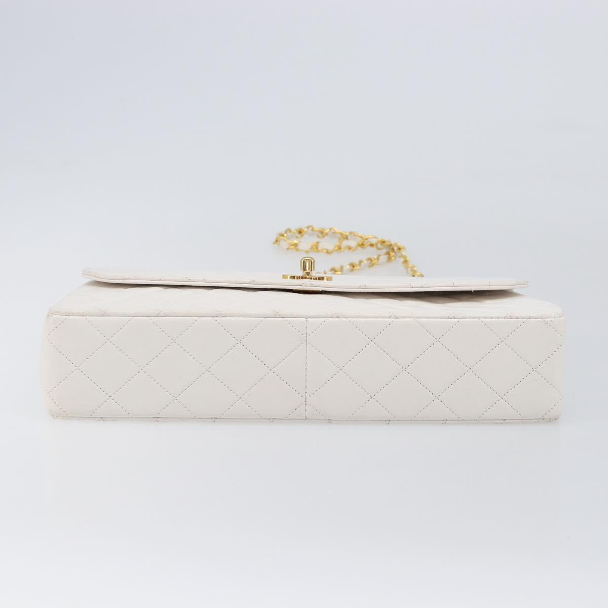 CHANEL Chain Matelasse Shoulder Bag Lamb Skin White Gold CC Auth 200466V
