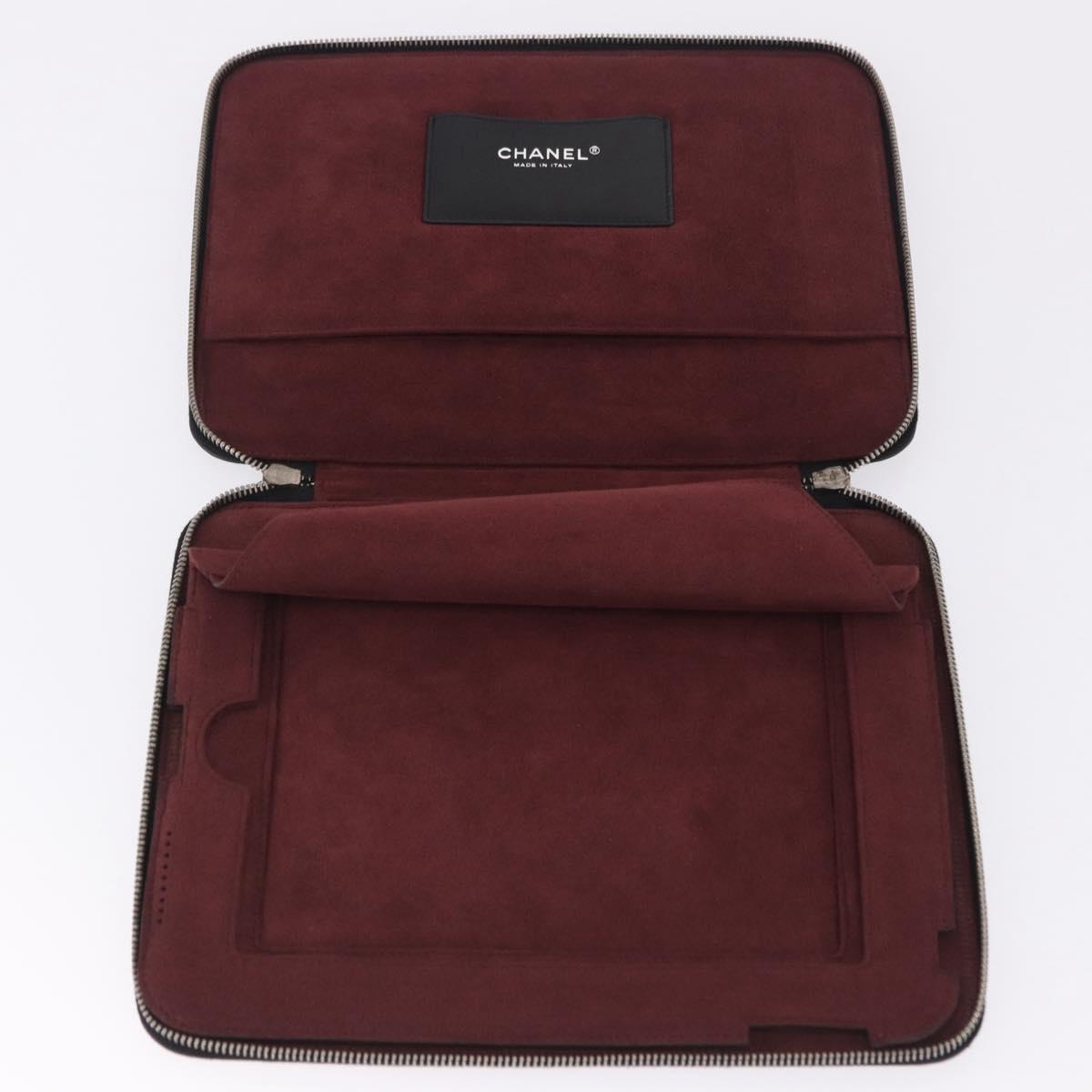 CHANEL Icon iPad Case Leather Black Gold CC Auth 200467