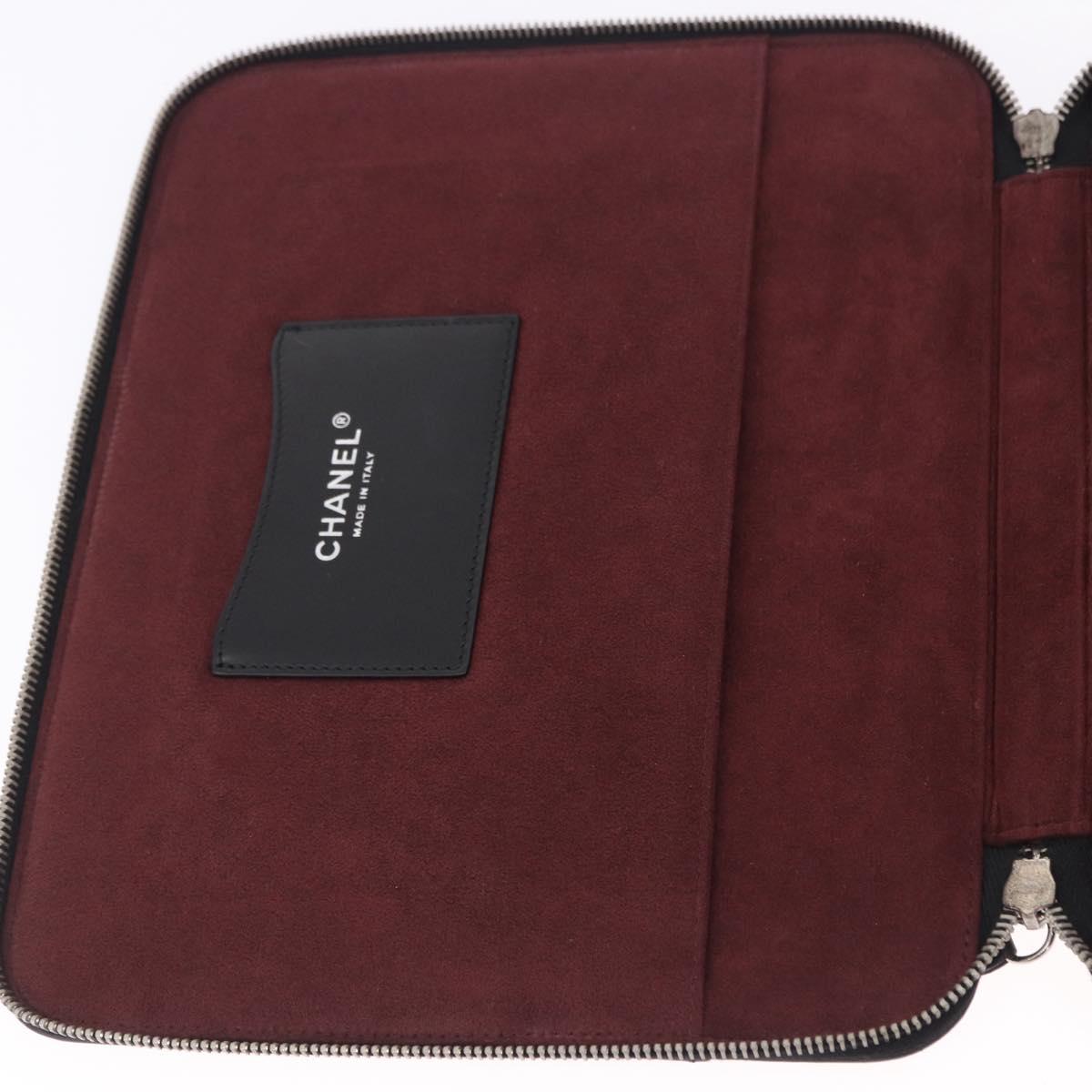 CHANEL Icon iPad Case Leather Black Gold CC Auth 200467