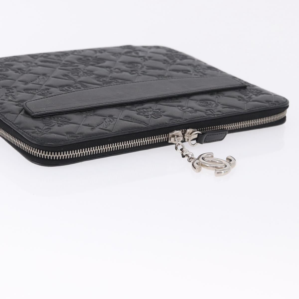 CHANEL Icon iPad Case Leather Black Gold CC Auth 200467